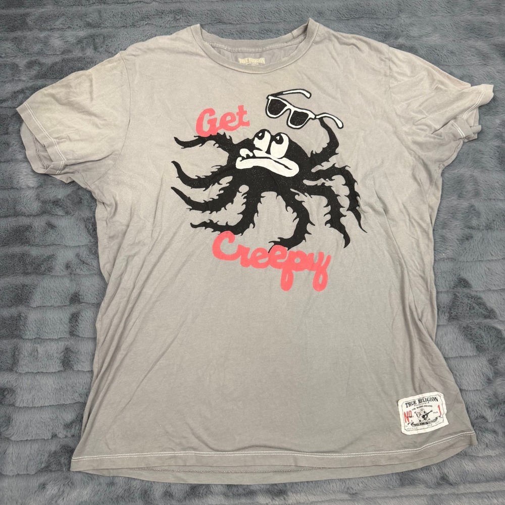 True Religion Mens XL Gray Get Creepy Octopus Graphic T-Shirt Cotton Crewneck